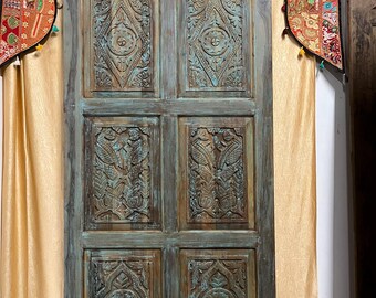 Blue Hand Carved Door Reclaimed Solid Wood Vintage Floral Carved Door Hinged Door Sliding Barn Decorative Pocket Closet or Pantry Door 96X48