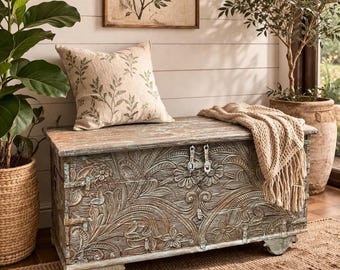 Antique Blue Floral Indian Bridal Trunk Bench – Hand-Carved Teak Hope Chest on Wheels, Indian Bridal Trunk 52x28