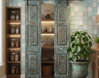 Antique Carved Wood Double Doors – Blue Patina Statement Barndoors (80x32)