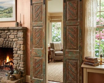Antique Green Carved Double Doors with Leaves – Modern Farmhouse Pantry Barn Doors 80x32in