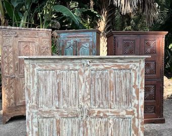 Antique Carved Teak Sideboard | Solid Wood Fluted Front Cabinet | Mid Century Chest Storage 52x49