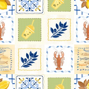 May include: A seamless pattern featuring various illustrations on a cream background. The design includes images of lemons, blue olive branches, yellow drinks, lobsters, and fish. The illustrations are framed within decorative borders and squares.