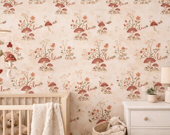 Tessuto Cottagecore Mushroom Valentine / Stampa cuori acquerello