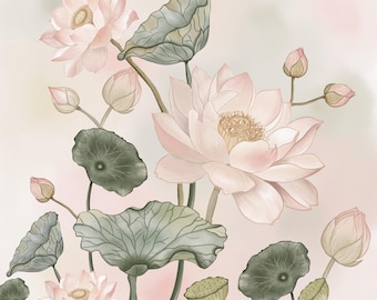 Murale con fiori di loto rosa cipria – Arte botanica zen
