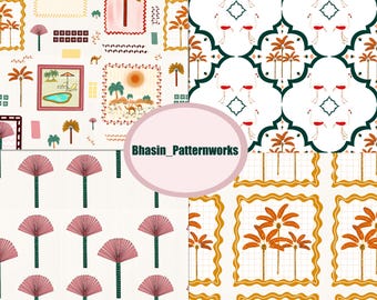 Carta da parati retrò con palme e fenicotteri: stampa tropicale moderna di metà secolo (download digitale)