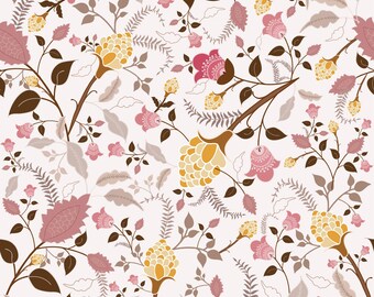 Carta da parati floreale in stile cottagecore, stampa botanica vintage per la cameretta, rosa tenue e senape.