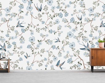 Carta da parati con uccelli in stile Chinoiserie blu, motivo floreale senza soluzione di continuità (download digitale)