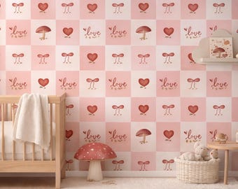 Carta digitale Cottagecore per San Valentino, con funghi, cuori e fiocchi (JPG+PNG)