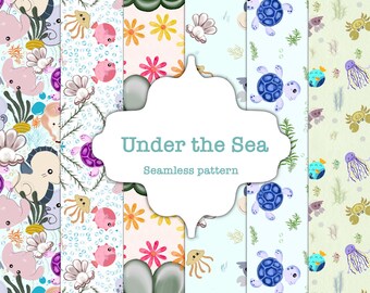 Carta digitale con animali dell'oceano, modelli senza soluzione di continuità per la cameretta dei bambini (download digitale)
