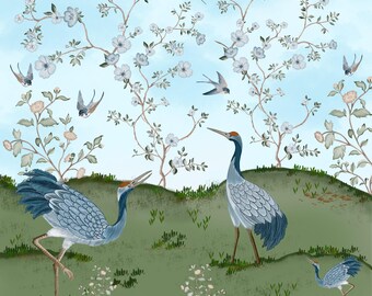 Blue Crane Chinoiserie Mural, Vintage Botanical Bird Wallpaper, Nursery Decor (digital download )
