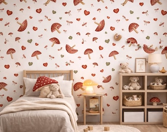 Motivo senza cuciture con cuori di funghi, tessuto per bambini con anima in stile cottage (download digitale), cancelleria, stampa senza cuciture stravagante