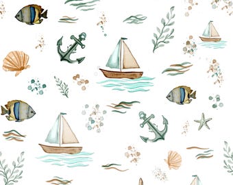 Motivo nautico senza soluzione di continuità dipinto a mano, disegno costiero oceanico con vita marina (download digitale)