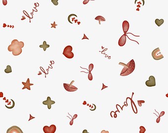 Tessuto per cameretta con motivo boho retrò a tema San Valentino, cuori e funghi.