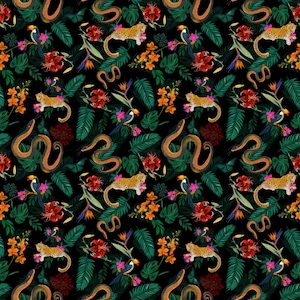 May include: A seamless pattern featuring a dark background with a jungle theme. The design includes illustrations of toucans, leopards, snakes, and various tropical flowers and foliage in vibrant colors.