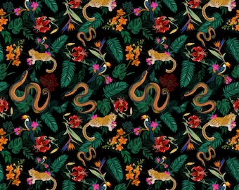 Motivo senza cuciture della giungla tropicale, stampa floreale leopardo tucano serpente, tessuto botanico esotico, carta da parati massimalista scura