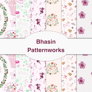 Zestaw papieru cyfrowego Whimsical Girls – wzory wróżek, jednorożców, kwiatów i babeczek – różowe pastelowe tła do scrapbookingu dla dzieci – PinkPaperPack