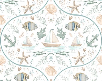 Motivo nautico senza cuciture, tessuto con soggetti marini e oceanici, ideale per decorazioni di case al mare (download digitale)