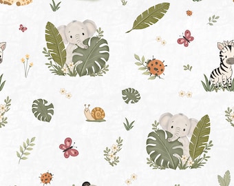 Carta da parati a tema giungla per la cameretta dei bambini, con simpatici animali della savana, stampa di elefantini, panda e zebra, decorazione a tema giungla per la stanza dei bambini.