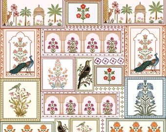 Murale botanico Mughal, arte del giardino del pavone indiano, decorazione massimalista tradizionale (download digitale), motivo senza soluzione di continuità