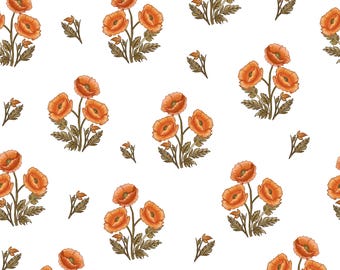 Vintage Orange Poppy Seamless Pattern, Botanical Floral Digital Paper, Cottage-core Flower Print, Spring Floral Background,Digital Downland