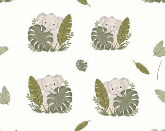 Carta da parati per cameretta con motivo a elefantini nella giungla, stampa su tessuto per bambini, download digitale di carta da parati a tema safari tropicale.