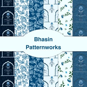 Indigo Floral Pattern Bundle-Mughal Arch &Botanical Seamless Prints,Blue White digital paper,Indian Block Print Style, Blue Floral Digital