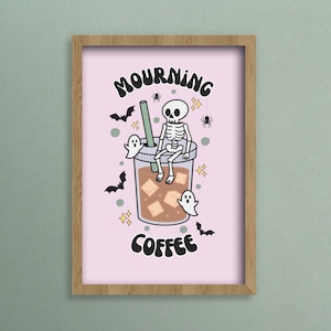 Digital Halloween Coffee Print A4 – “Mourning Coffee” Skeleton And Ghost Wall Art | Pastel Spooky Kitchen Decor | Pink & Grey JPG PNG Files