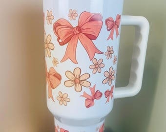 40 oz Pink Coquette Bows and Flowers stainless steel insulated tumbler