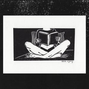 Tamaño postal – Linograbado original – El libro| Ilustración de impresión en linóleo, postales artísticas, impresiones artísticas, arte original, arte mural