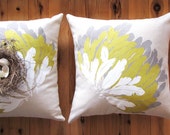 Feather Cushion Cover hand screen printed on Eco Friendly Linen - taupe, mustard, white print