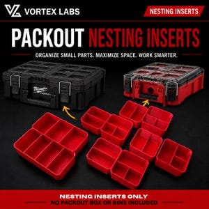 May include: Black and red Packout nesting inserts for organising small parts. The image shows several red inserts and two Packout boxes, one black and one red. Text on the image reads "Vortex Labs" and "Packout Nesting Inserts."