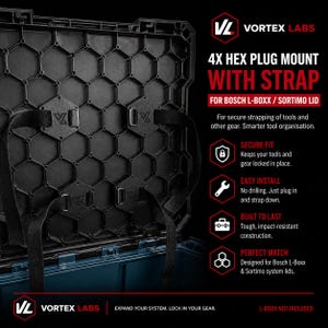 May include: Black hex plug mount with strap for Bosch L-Boxx / Sortimo lid. The mount features a secure fit, easy install, and is built to last. The text on the image says "Vortex Labs" and "Expand your system. Lock in your gear."