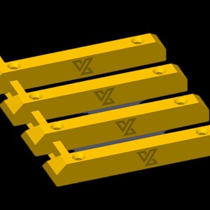 May include: Four yellow rectangular parking kerbs arranged in a parallel formation. Each kerb features a bevelled edge, two circular mounting holes, and a dark grey logo consisting of a stylised letter V and Z integrated into a geometric shape.