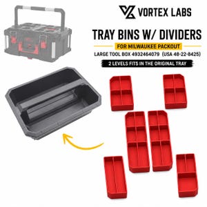 Peut inclure: Un plateau de boîte à outils en plastique noir et six inserts de bacs rouges en plastique avec séparateurs. Le texte indique : VORTEX LABS TRAY BINS W/ DIVIDERS FOR MILWAUKEE PACKOUT LARGE TOOL BOX 4932464079 (USA 48-22-8425) 2 LEVELS FITS IN THE ORIGINAL TRAY.