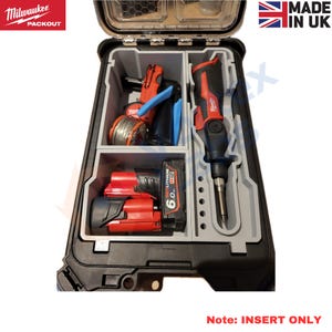 May include: A black Milwaukee Packout tool box insert with molded grey compartments. The insert holds a red and black cordless power tool, a red M12 battery, and a spool of wire. The text Note: INSERT ONLY is visible at the bottom of the image.