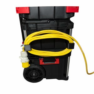 May include: A black rolling tool chest with red detailing, a yellow extension cable, and a white and yellow electrical connector. The tool chest has a black wheel and a handle for easy transport.