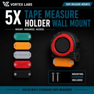 May include: Black and red tape measure with an orange holder. The image shows five colored tape measure holders with the brand names HiKoki, Makita, Parkside, Milwaukee, and DeWalt. The text reads "Tape Measure Holder Wall Mount."