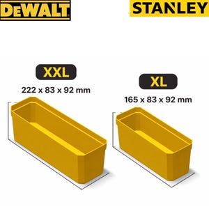 May include: Two yellow storage bins, one labeled XXL and the other XL, are displayed against a white background. The XXL bin measures 222 x 83 x 92 mm, while the XL bin measures 165 x 83 x 92 mm. The DEWALT and STANLEY logos are visible.