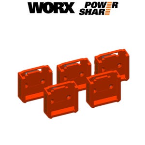 Peut inclure: Cinq supports de batterie orange-rouge WORX Power Share sont disposés sur un fond blanc. Les supports sont rectangulaires avec une poignée et deux trous circulaires. Les logos WORX et Power Share sont en haut.