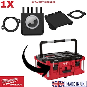 May include: A red Milwaukee Packout toolbox with black detailing, a black handle, and silver supports. The image also shows black accessories, including an AirTag holder and a black cover. The text "AirTag NOT INCLUDED" is visible.