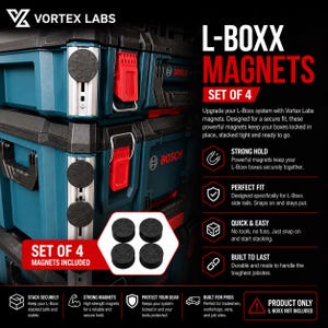 May include: A stack of blue and black L-Boxx storage containers with red latches. The image also shows a set of four black magnets. Text on the image reads "L-BOXX MAGNETS SET OF 4".