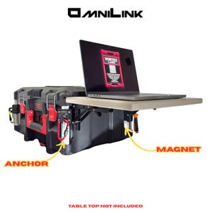 May include: Black and red utility box with a laptop on a fold-out table. The laptop screen displays a red-framed graphic. The box has a handle and is labeled with the text "OMNILINK". The table is supported by a magnet and anchor.