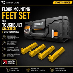 May include: A set of four yellow floor mounting feet for ToughBuilt StackTech tool boxes. The feet are rectangular with pre-drilled holes and a logo. The image includes text: Floor Mounting Feet Set for ToughBuilt StackTech, StackTech Mods, Made in Britain.