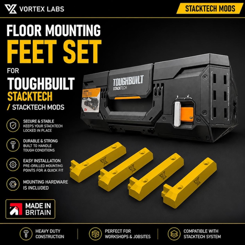 May include: A set of four yellow floor mounting feet for ToughBuilt StackTech tool boxes. The feet are rectangular with pre-drilled holes and a logo. The image includes text: Floor Mounting Feet Set for ToughBuilt StackTech, StackTech Mods, Made in Britain.