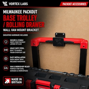 May include: A black and red Milwaukee Packout base trolley with a rolling drawer and wall van mount bracket. The product includes mounting hardware and is made of heavy-duty steel. The text on the image says "Made in Britain".