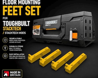 以下が含まれることがあります： ToughBuilt StackTechツールボックス用の黄色い床取り付け用フット4個セット。フットは長方形で、下穴が開いており、Vortex Labsのロゴが入っています。画像には「Floor Mounting Feet Set for ToughBuilt StackTech」というテキストが含まれています。