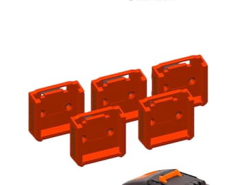 May include: Five bright orange plastic battery adapters arranged in a cluster, each featuring a rectangular shape with mounting holes and slots. Above the adapters, the text reads WORX POWER SHARE. A black and orange battery pack is at the bottom.