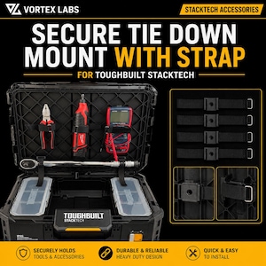 以下が含まれることがあります： ToughBuilt StackTechツール収納システム用のブラックのタイダウンマウントとストラップ。セットには、モジュラー式収納ケース内でツールを整理するための、金属製バックルと取り付け金具が付いた4本のブラックナイロンストラップが含まれています。