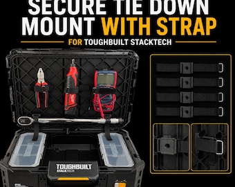 以下が含まれることがあります： ToughBuilt StackTechツール収納システム用のブラックのタイダウンマウントとストラップ。セットには、モジュラー式収納ケース内でツールを整理するための、金属製バックルと取り付け金具が付いた4本のブラックナイロンストラップが含まれています。