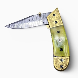 Hand-Forged Damascus Folding Knife – Camel Bone Grip | Brass Bolster | Collector’s Bushcraft Blade gift for him.